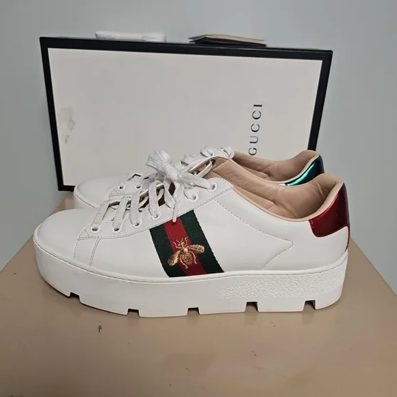 GUCCI ACE WEB BEE PLATFORM SNEAKERS WOMENS Size 40 (9/9½) 577573 - Picture 7 of 16